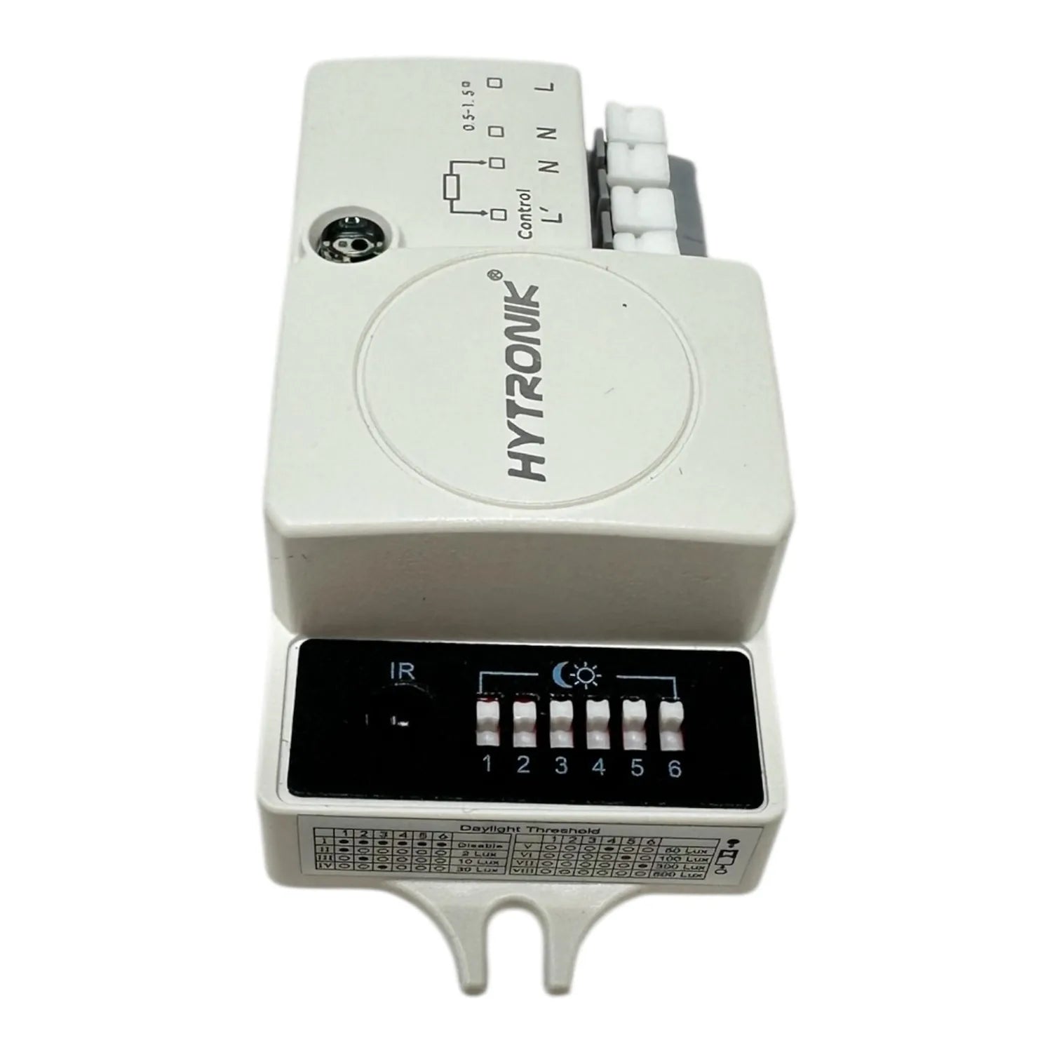 Hytronik daylight sensor photocell switch with white housing, control terminals on top, and black panel with IR indicator and