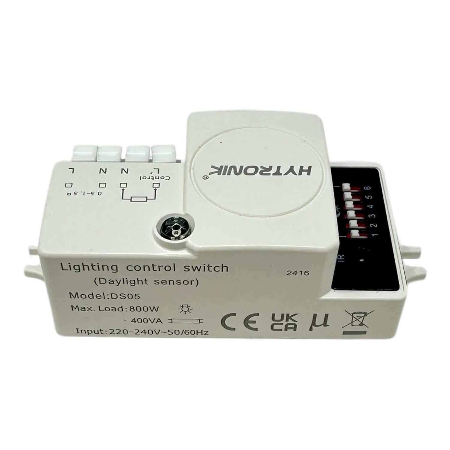 Hytronik DS05 daylight sensor lighting control switch with white casing, circular sensor head, terminal connectors, and certi