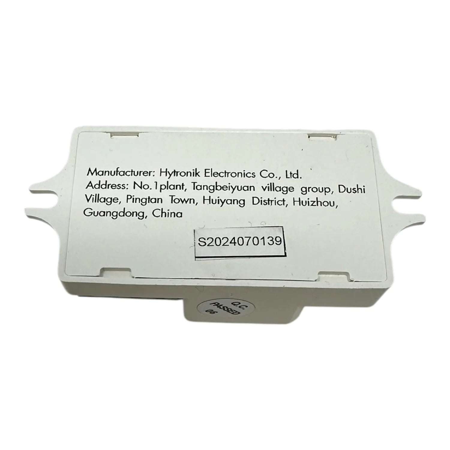 Back label of white daylight sensor showing manufacturer Hytronik Electronics Co., Ltd., China address, and serial number S20
