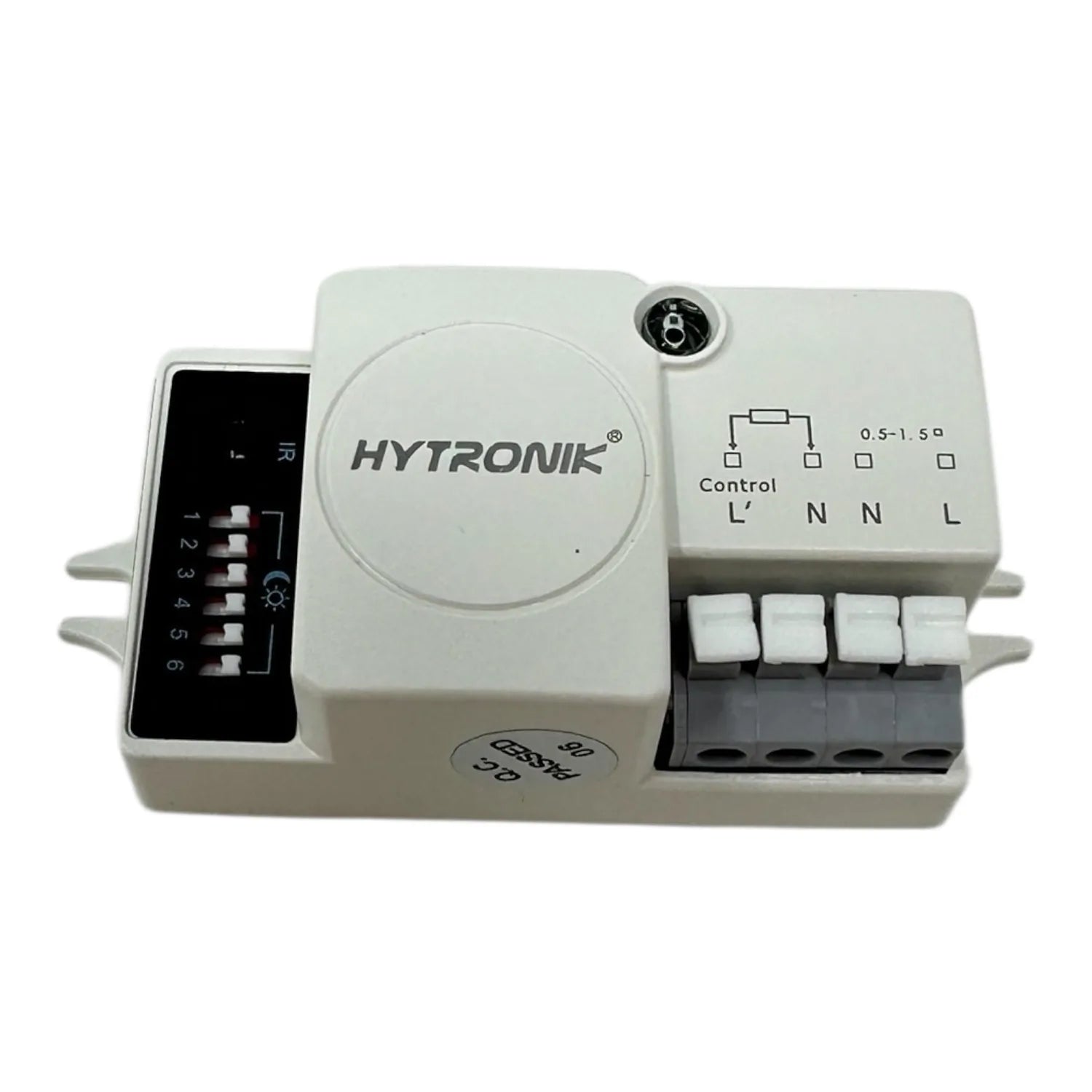 Hytronik daylight sensor photocell switch with control terminals and wiring connectors, front view product shot.