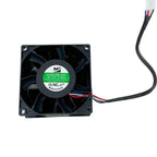 Black square cooling fan with green label showing model DZ08038B12HH, DC12V 0.90A specifications, with attached power cable f