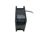 Black plastic cooling fan housing with U-shaped mounting bracket and attached power cable, front view product shot.