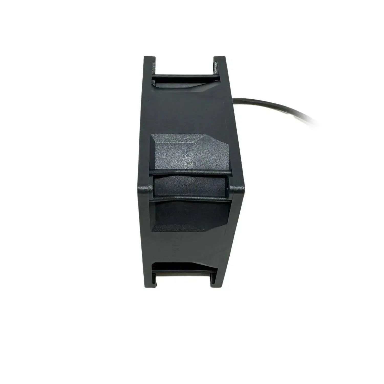 Black plastic cooling fan housing with U-shaped mounting bracket and attached power cable, front view product shot.