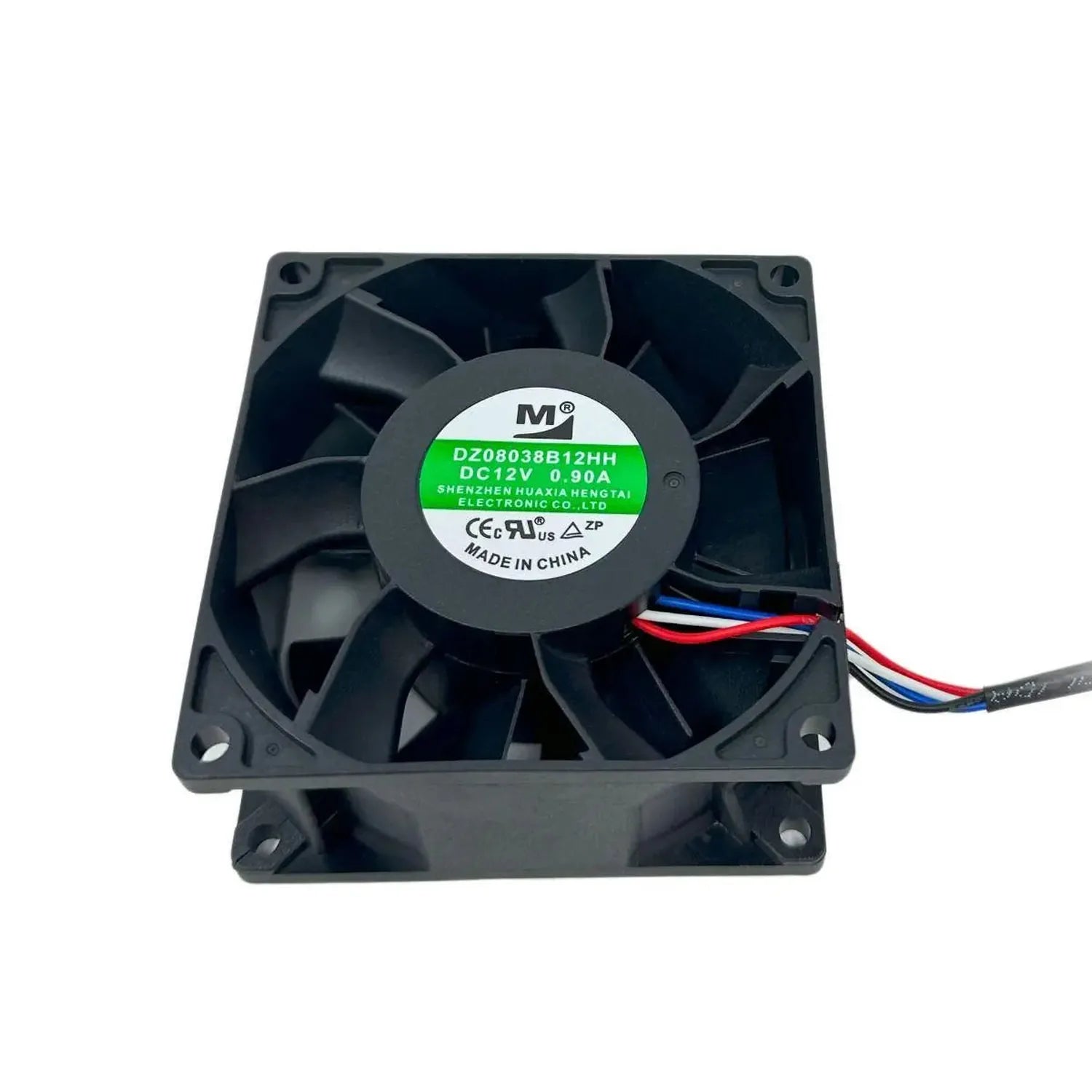 Black cooling fan with green and white label showing model DZ08038B12HH, DC12V 0.90A specifications, mounted on gray frame wi