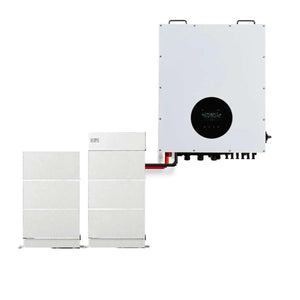 Voltacon Energy Cube 30kW hybrid inverter with black display panel mounted on white wall, connected to two white lithium batt