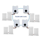 Diagram showing four hybrid inverters connected in parallel configuration with battery storage units on either side.
