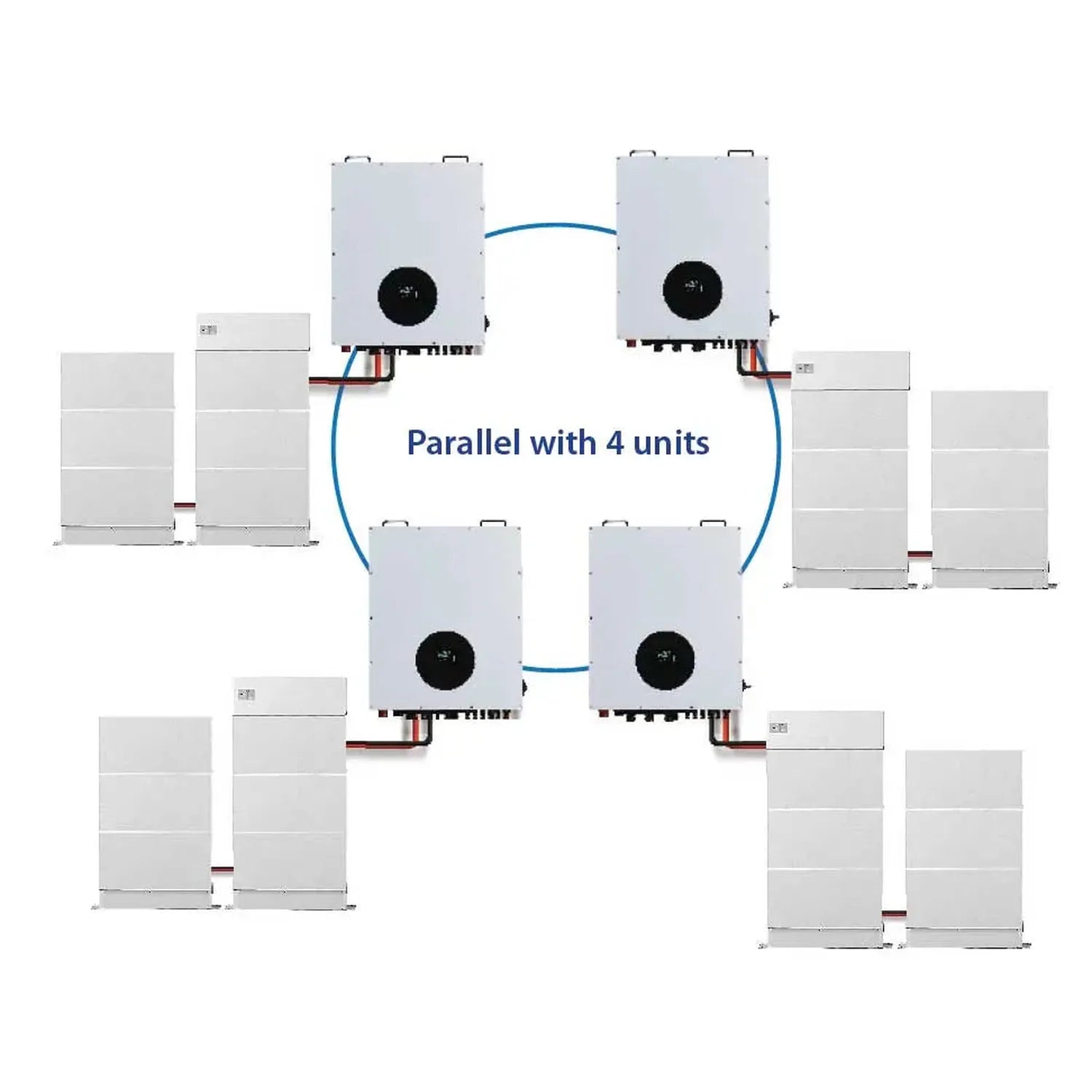 Diagram showing four hybrid inverters connected in parallel configuration with battery storage units on either side.