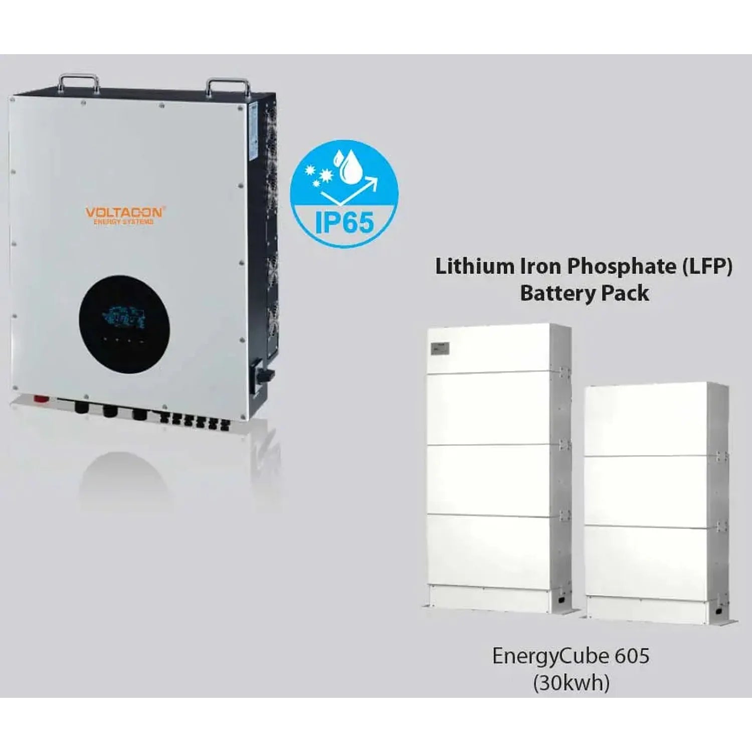Voltacon hybrid inverter with IP65 rating and two white EnergyCube 605 lithium battery storage units, 30kWh capacity.