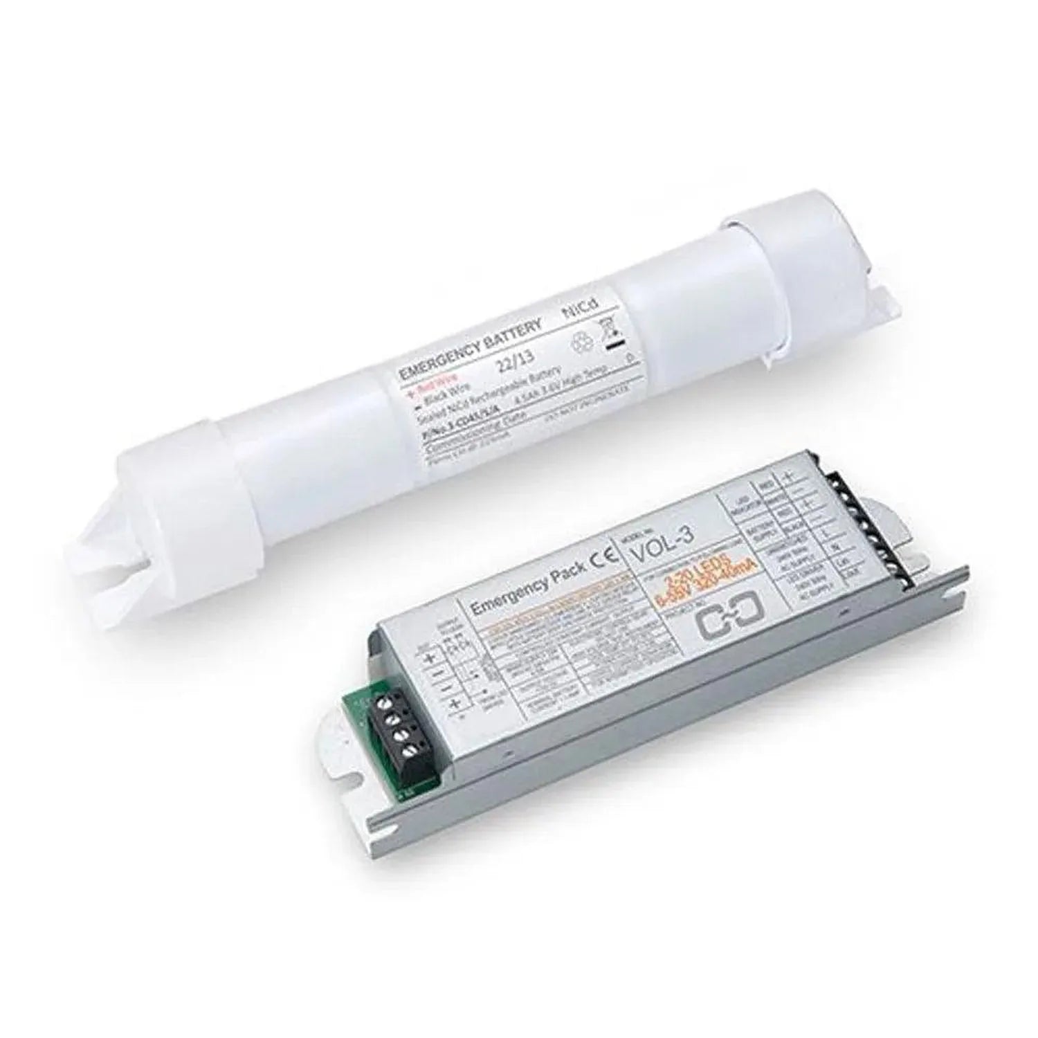 Emergency battery pack and NiCd battery components displayed separately for T8 LED tube conversion kit.