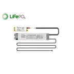 LiFePO4 emergency lighting kit with battery, driver module, and power cable components displayed separately.
