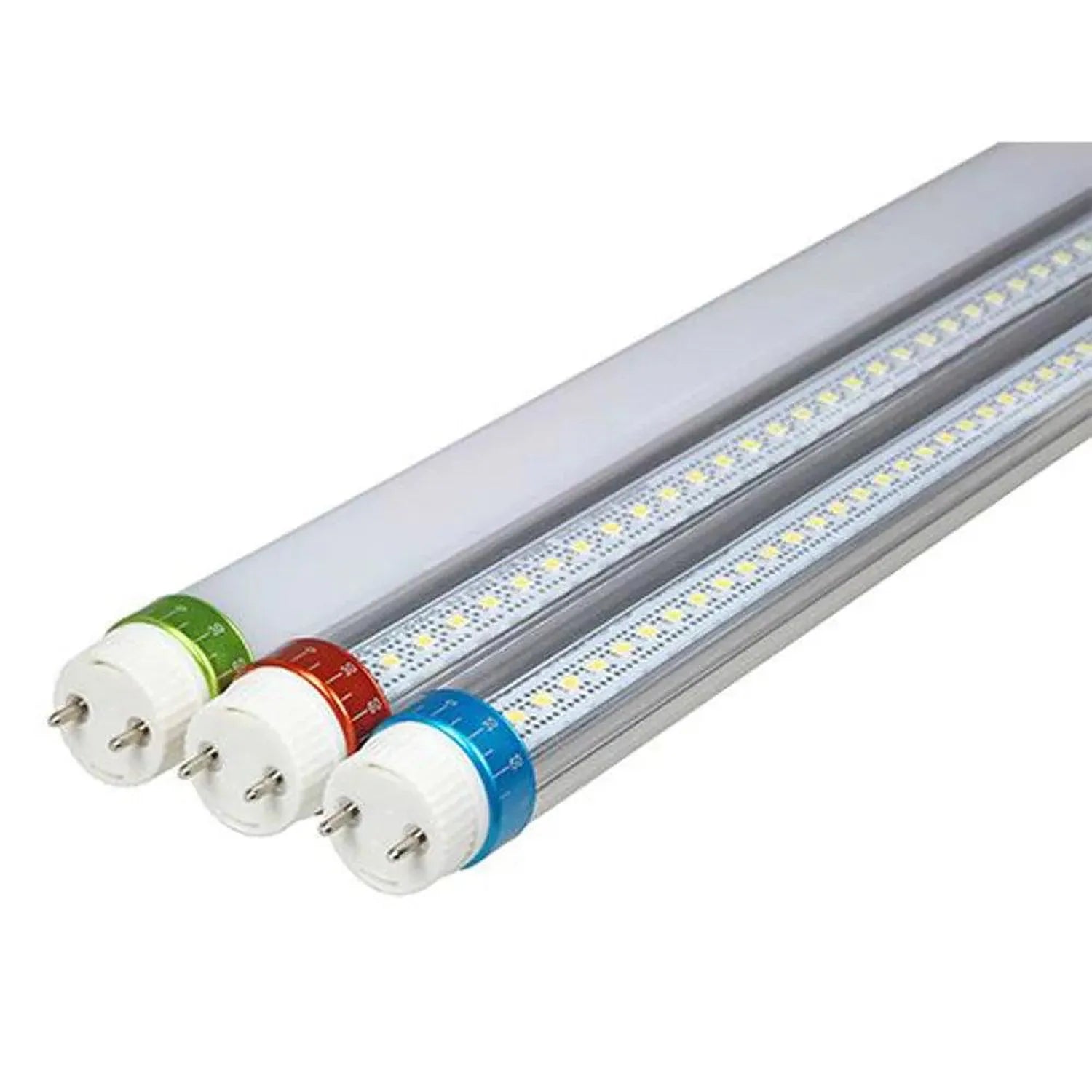 Four LED T8 tubes with colored end caps arranged diagonally, displaying densely packed LED elements along their length.