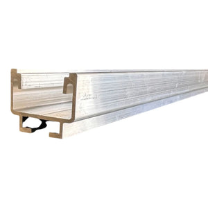 Silver aluminum U-shaped mounting rail with tan end caps and mounting brackets, shown at angle against white background.