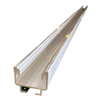 Aluminum U-shaped solar panel mounting rail with forked top end and mounting bracket, angled view.