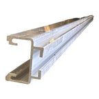 Aluminum U-shaped solar panel mounting rail with white cover strip, shown at an angle against white background.