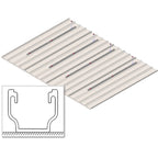 Isometric view of aluminum solar panel mounting rail with cross-section diagram showing U-shaped channel profile and installa