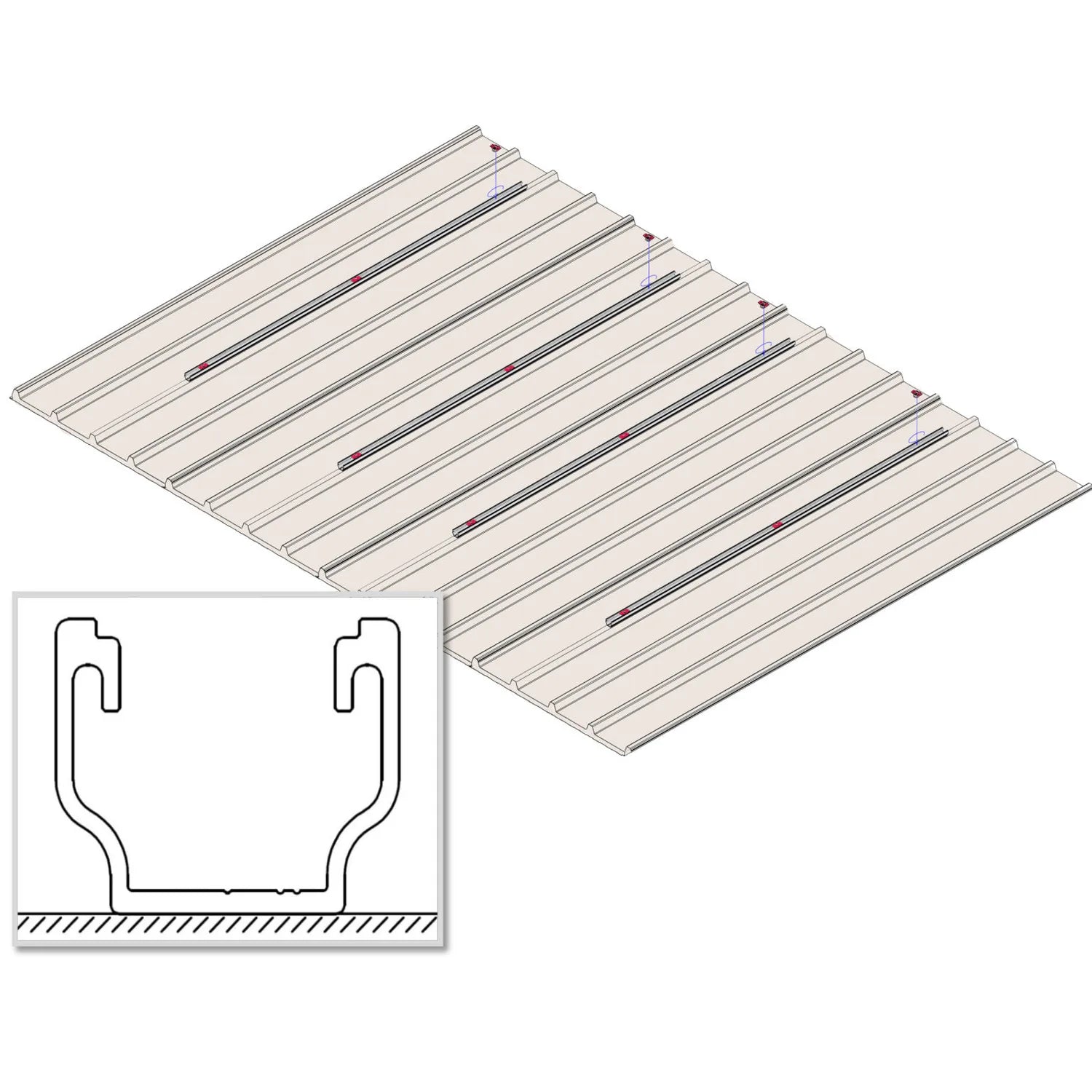 Isometric view of aluminum solar panel mounting rail with cross-section diagram showing U-shaped channel profile and installa