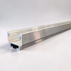 Polished aluminum U-shaped mounting rail with slot detail, angled view on white background.
