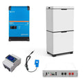 Victron 5kW solar power system components: blue inverter charger, white stacked battery storage units, control panel, remote 