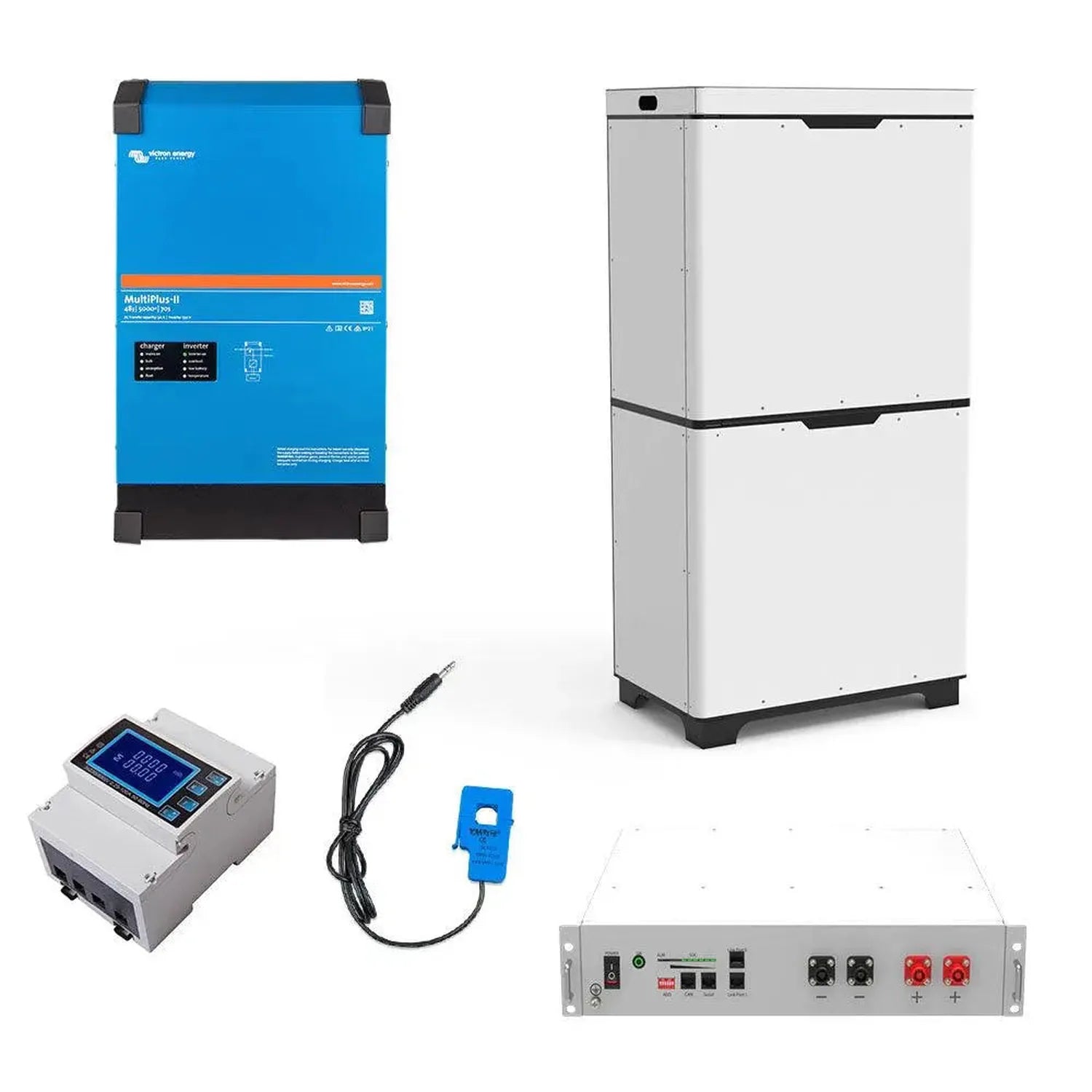 Victron 5kW solar power system components: blue inverter charger, white stacked battery storage units, control panel, remote 