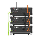 Three stacked Pylontech US5000 battery units with orange connectors and green AC power cables, front view product photo.