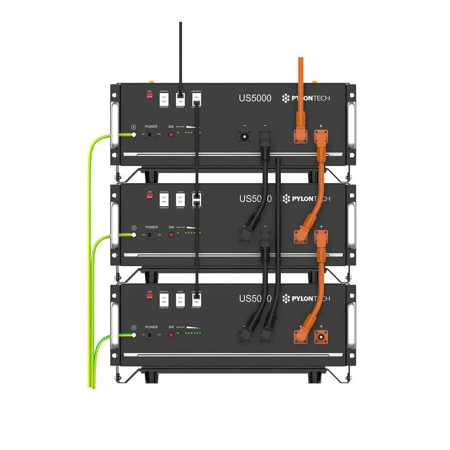 Three stacked Pylontech US5000 battery units with orange connectors and green AC power cables, front view product photo.