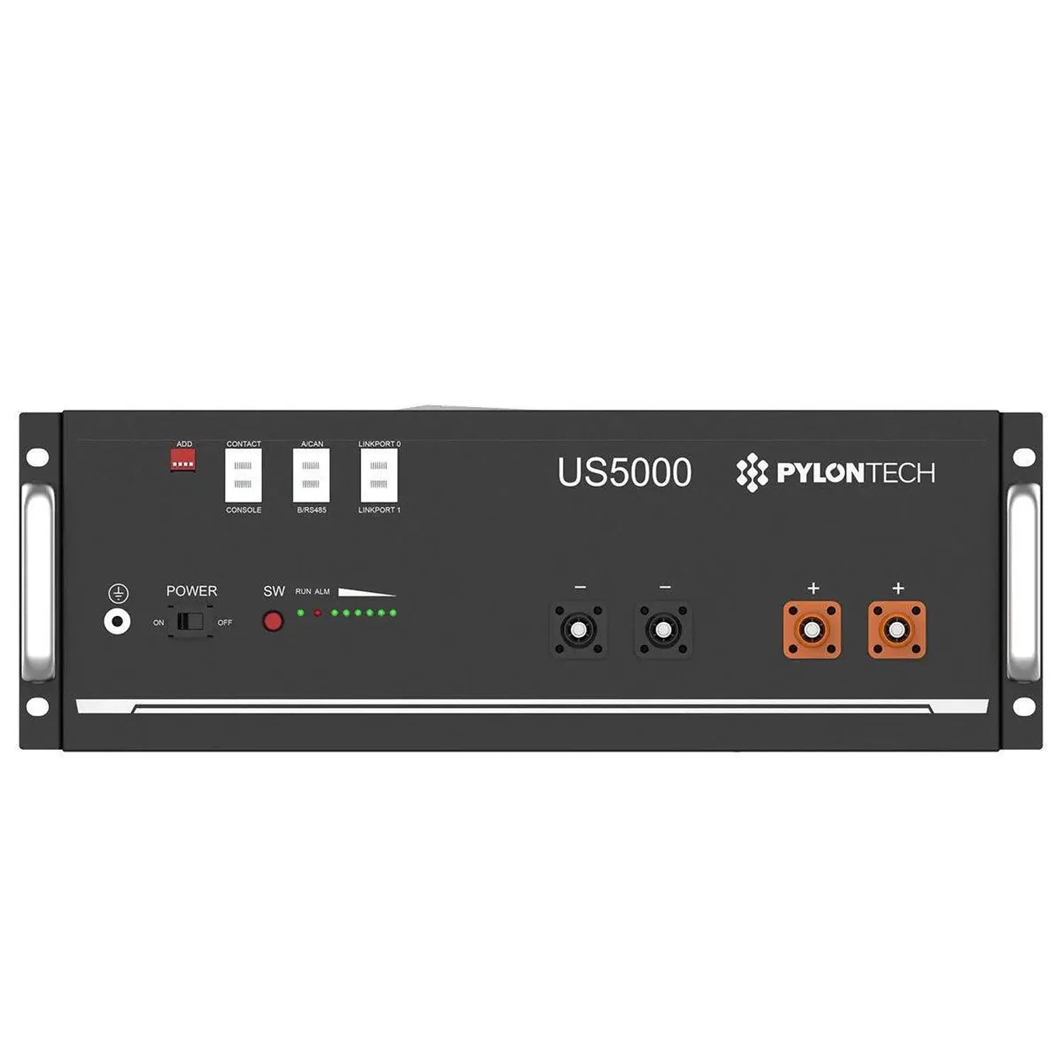Pylon Tech US5000 inverter with power switch, LED indicators, cooling fans, and orange battery terminals mounted in rack fram
