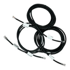 Three black ethernet cables with white labels coiled together against white background, product detail shot.