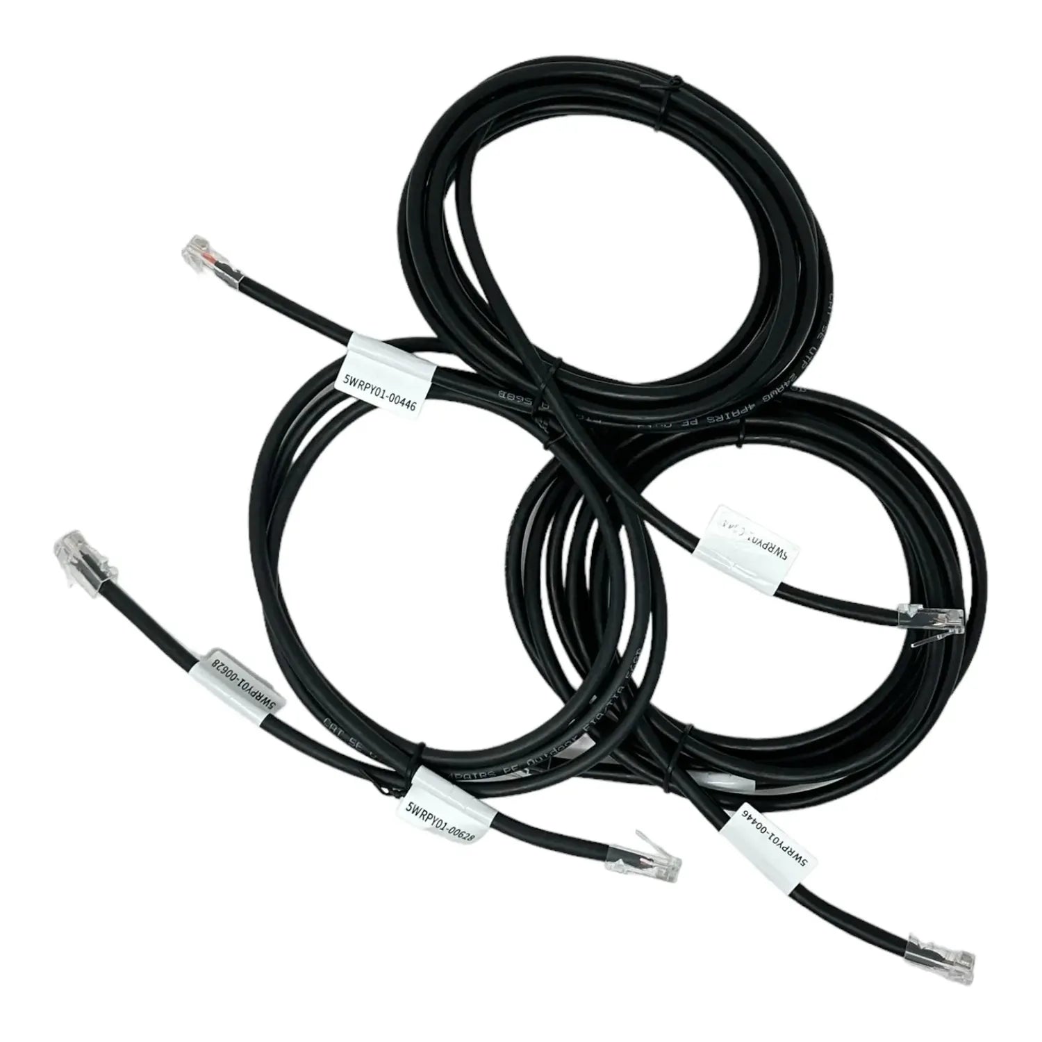 Three black ethernet cables with white labels coiled together against white background, product detail shot.