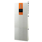 Tall white cabinet-style home battery system with orange control panel at top featuring digital display and water reservoir, 