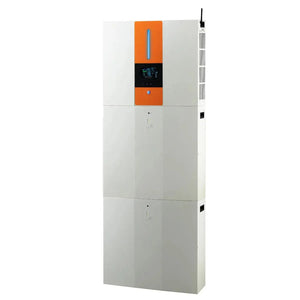 Tall white cabinet-style home battery system with orange control panel at top featuring digital display and water reservoir, 
