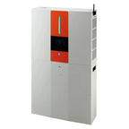 White cabinet-mounted hybrid inverter with red front panel, digital display, and ventilation grille, shown as product install