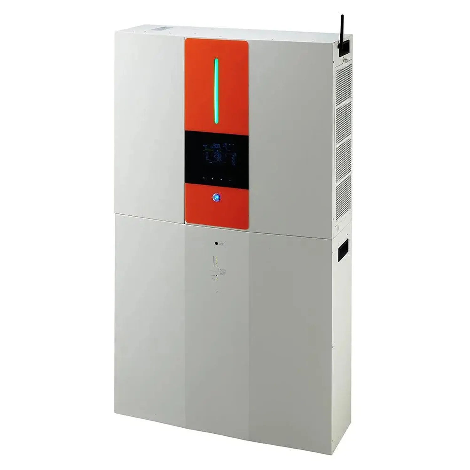 White cabinet-mounted hybrid inverter with red front panel, digital display, and ventilation grille, shown as product install