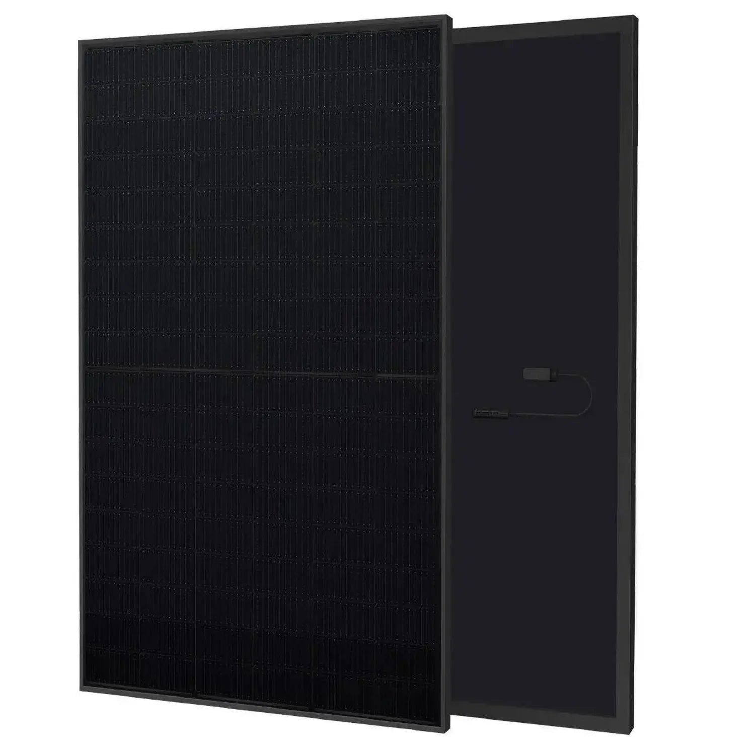 Two all-black solar panels displayed at an angle, showing the textured front surface and solid back panel of a bifacial solar