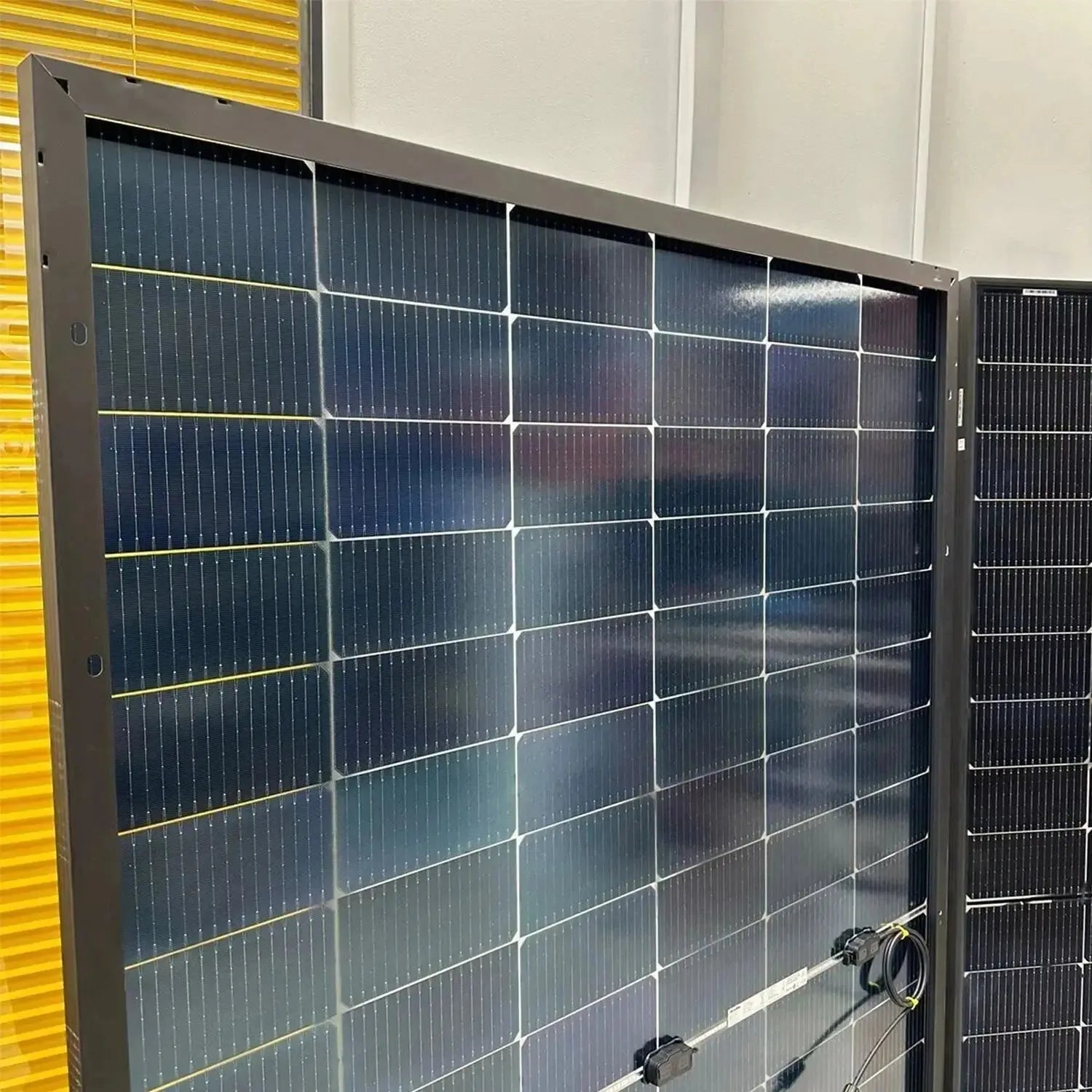 Multiple Elite bifacial solar panels mounted on display, showing front-facing dark solar cells with white gridlines and junct