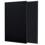 Two black solar panels displayed at an angle, showing the textured front surface and smooth back side of bifacial modules.