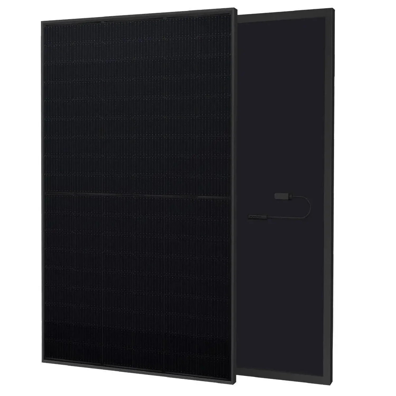 Two black solar panels displayed at an angle, showing the textured front surface and smooth back side of bifacial modules.
