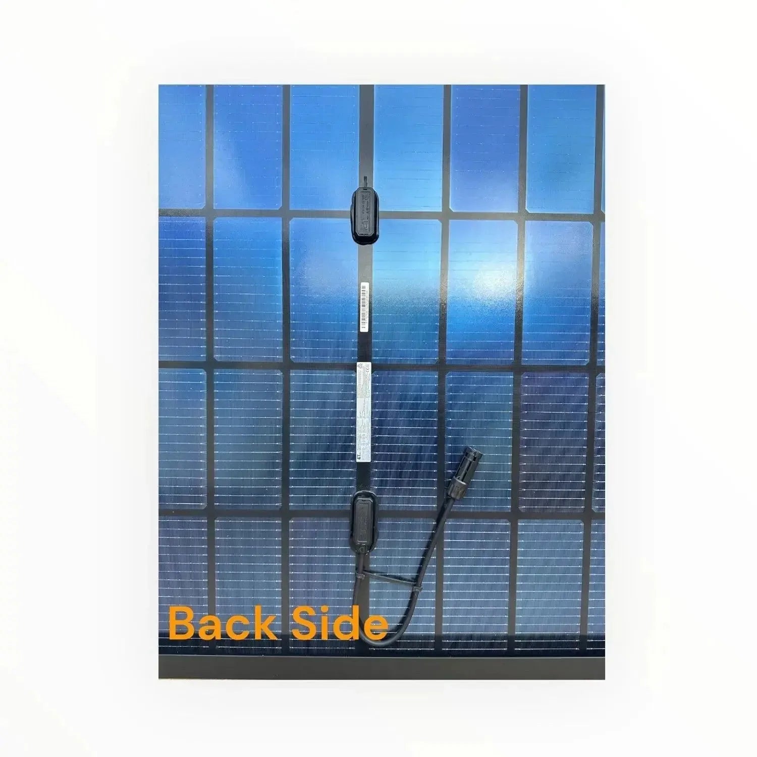 Back view of Elite 455W bifacial solar panel showing wiring connectors and junction box against blue sky reflection.