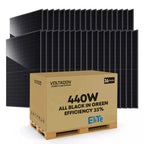 Pallet of 36 black solar panels stacked behind a cardboard box labeled 440W all black in green efficiency 23% by Voltacon Pow