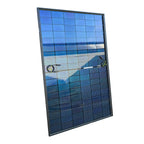Blue solar panel with black frame displayed at angle, showing grid pattern and two connector cables against white background.