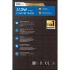 Elite Solar 440W N-Type Bifacial panel specification sheet highlighting modern black design, 22.02% efficiency, Zero LID tech