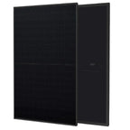 Two black solar panels displayed at an angle, showing the front textured surface and back side of bifacial photovoltaic modul
