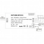 Technical specification diagram for EUP135M-3W12V-0 DMX dimmable LED driver showing input/output connections and performance 
