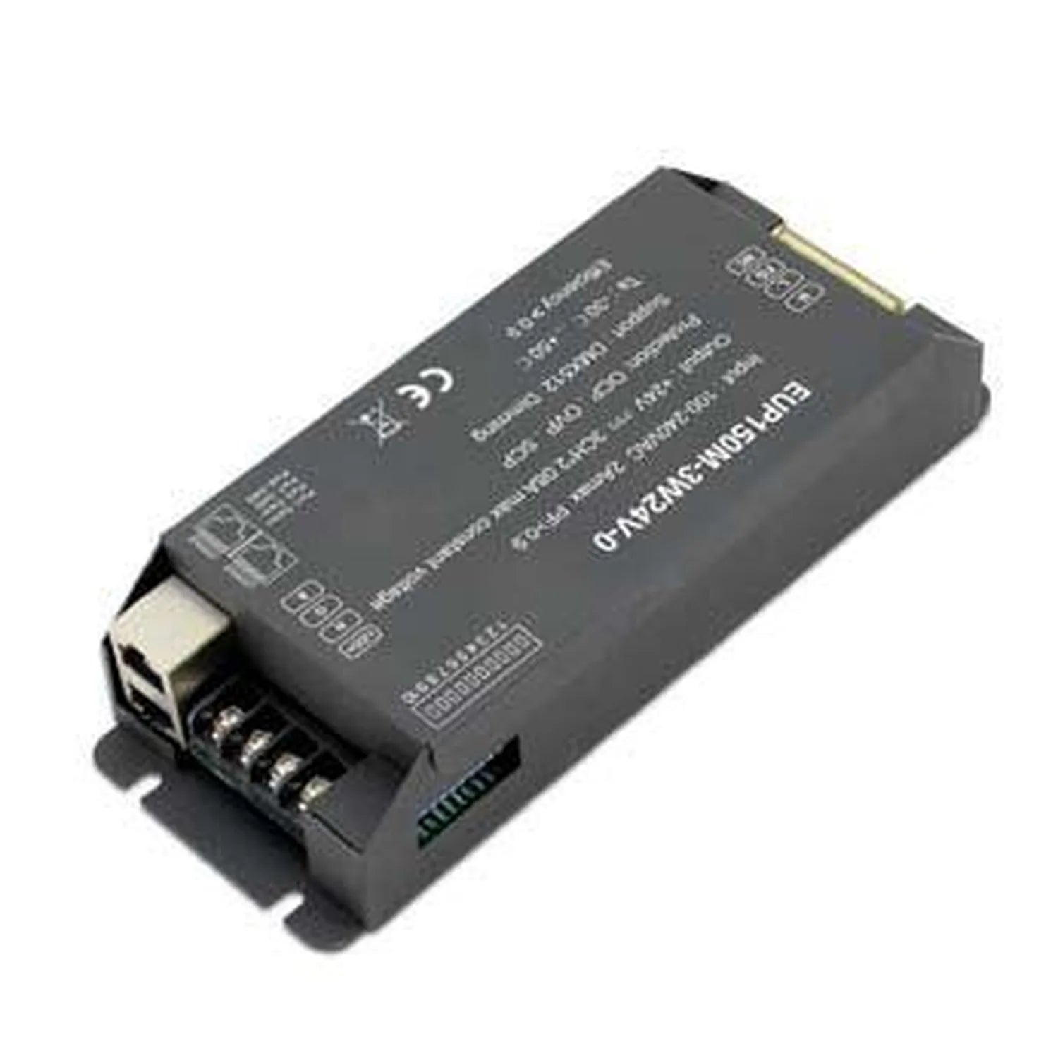 EUCHIPS 150W DMX dimmable LED driver, black rectangular power supply with terminal connectors and CE certification marking.