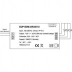 EUP150M-3W24V-0 LED driver specification label showing 100-240VAC input, 24V 3-channel 2.08A output, and DMX512 dimming suppo