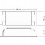 Dimension diagram showing top and side views of EUCHIPS LED driver measuring 196mm wide by 75mm tall with 40mm profile height