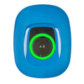 Victron Energy EV charging station with bright blue rounded casing, black central port with green illuminated ring, and Victr