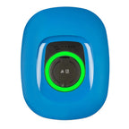 Victron Energy EV charging station with bright blue rounded casing, black central port with green illuminated ring, and Victr