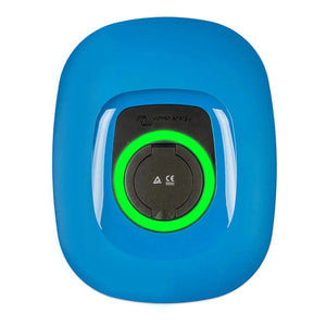 Victron Energy EV charging station with bright blue rounded casing, black central port with green illuminated ring, and Victr