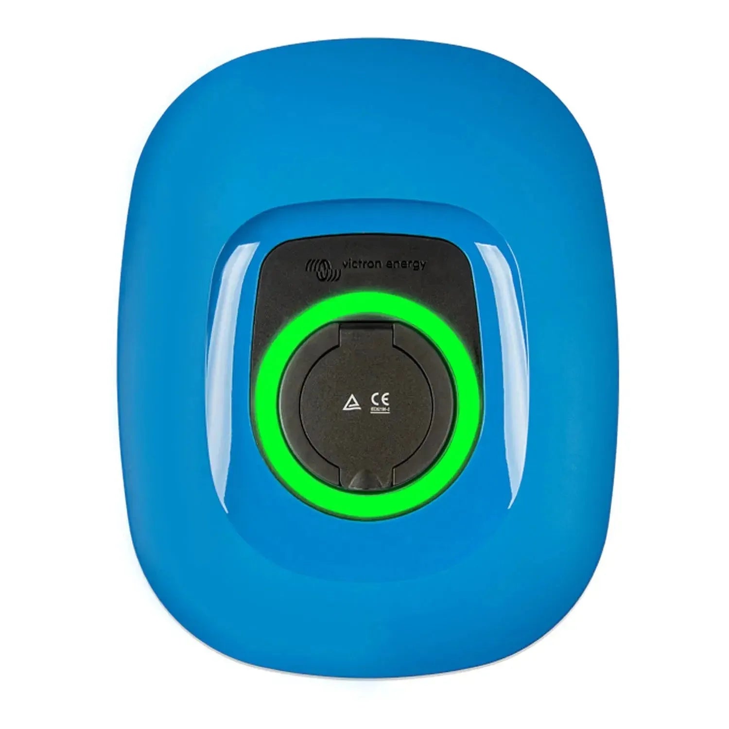 Victron Energy EV charging station with bright blue rounded casing, black central port with green illuminated ring, and Victr