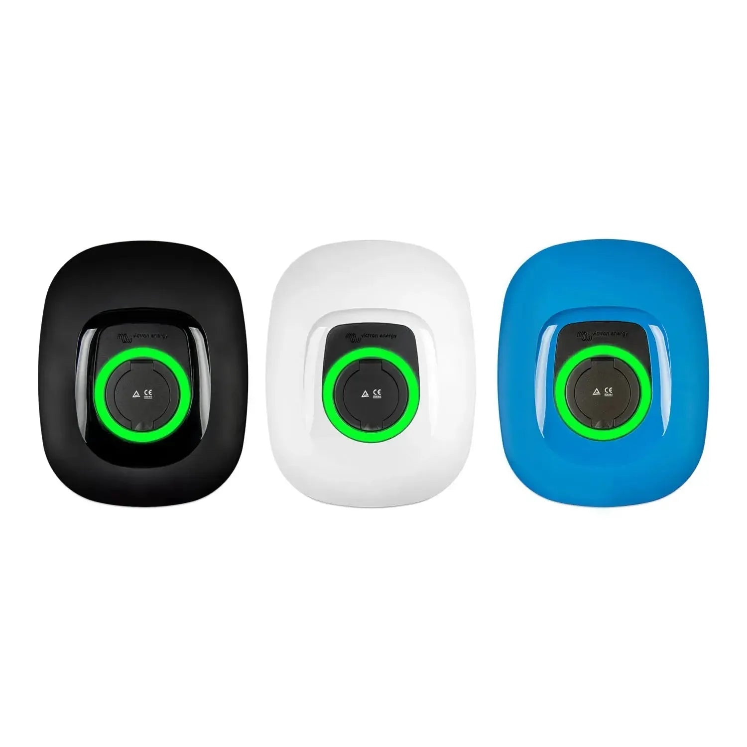 Three EV charging stations in black, white, and blue with illuminated green circular displays, shown side-by-side product vie